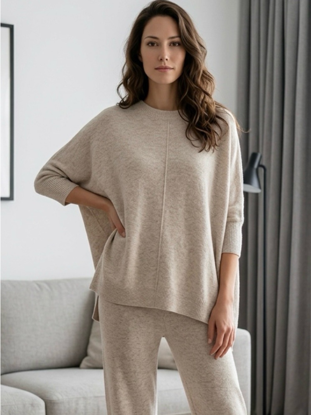 Lou & Grey Boucle Oversized Oatmeal Side Slit 3/4 Batwing Sweater